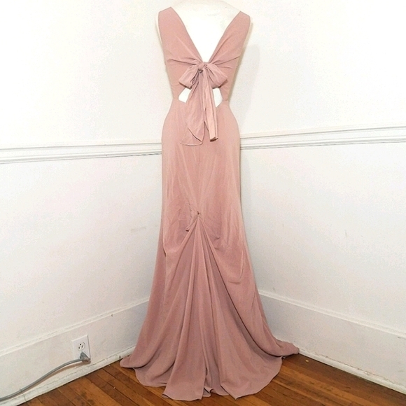Jenny Yoo Delaney Bridesmaid Blush Rose Petal Dress Maxi V Neck Low Back Bow - Picture 7 of 12